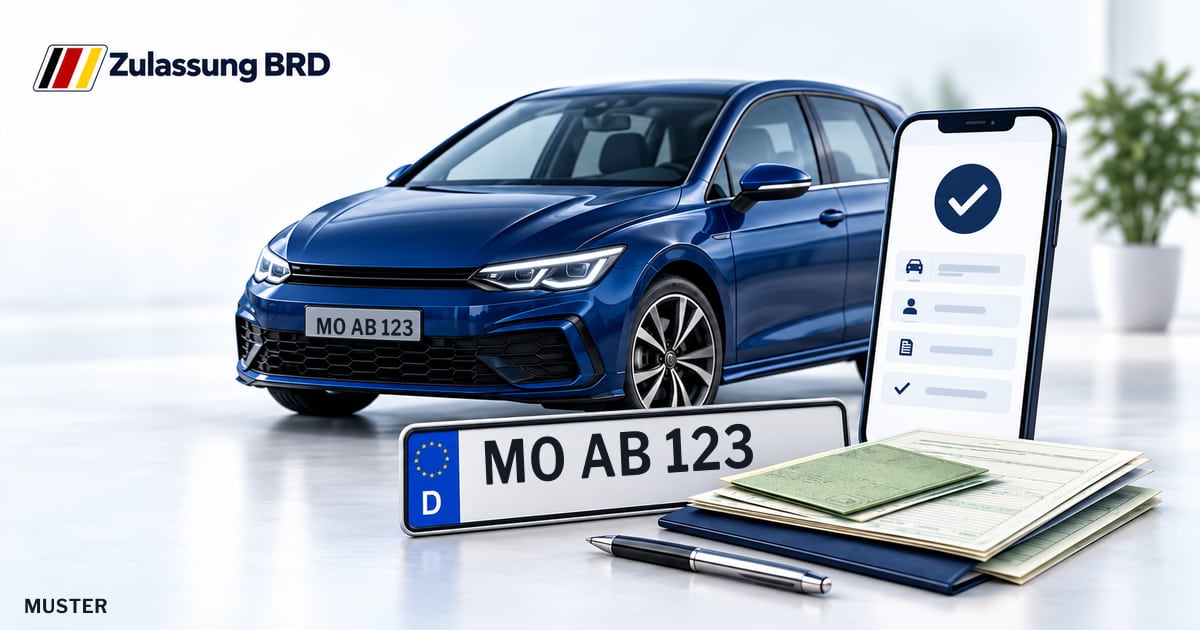 Online Fahrzeugzulassung in Hünxe: Musterkennzeichen MO AB 123, Auto und Fahrzeugpapiere und Smartphone. Illustration mit Logo von Zulassung BRD.